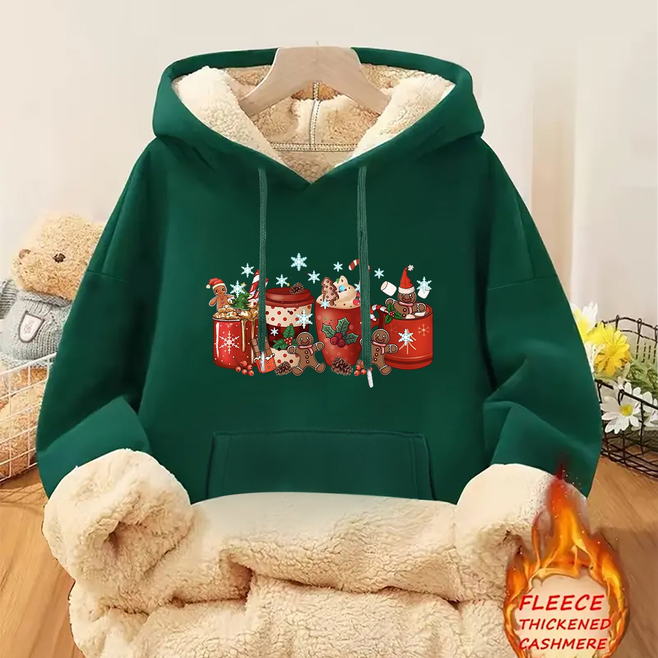 1pc Women's Thick-Lined Hooded Sweatshirt with Gingerbread for Man in Santa Hat & Candy Cane Print - Cozy Plush Lined, Soft Polyester Warm Pullover for Fall/Winter, Machine Washable Casual Outerwear, Cold Weather Wear, Minima