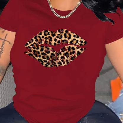 Leopard Lip Print Crew Neck T-shirt, հարմարավետ կարճաթև վերնաշապիկ ամառային և գարնան համար, կանացի հագուստ