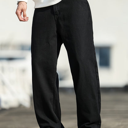 Vintage-Inspired Loose Straight-Leg Jeans for Men, Washed Denim, Non-Stretch Fabric, Casual Style - Machine Washable