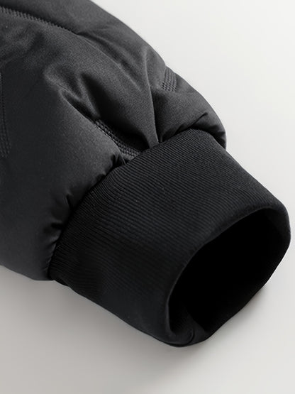 Men's Casual Winter Jacket - Thick Fleece-Lined, Windproof Hooded Coat with Embossed Design, Zip-Up, Solid Color