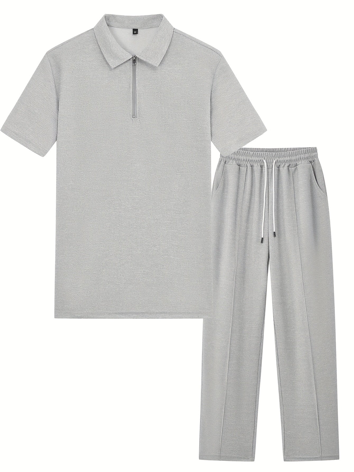 Men's 2pcs Waffle Knit Casual Outfit: Zip-Up Short Sleeve Collared Shirt & Drawstring Pants - Black, Polyester Blend, Ideal for Casual Attire in Spring/Summer