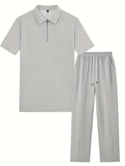 Men's 2pcs Waffle Knit Casual Outfit: Zip-Up Short Sleeve Collared Shirt & Drawstring Pants - Black, Polyester Blend, Ideal for Casual Attire in Spring/Summer