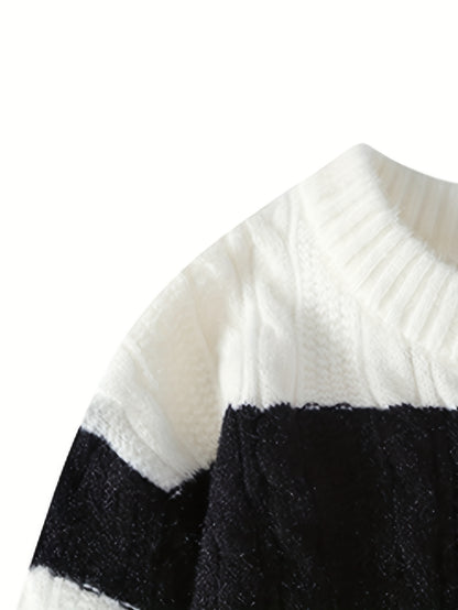 Նոր աշնանային և ձմեռային կլոր վզնոցով նորաձև գծավոր, գունավոր բլոկներով տրիկոտաժե սվիտեր միջին տարիքի տղամարդկանց համար, տաք և հարմարավետ