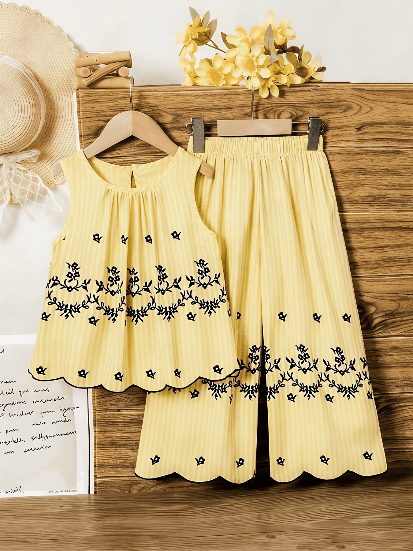 Girls' Retro Floral Striped Sleeveless Top & Wide Leg Pants Set