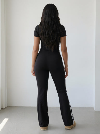 Sla Yue Lingshan Spring/Summer Solid Color Striped 2pcs Set, Women's Short Sleeve Flared Pants Suit, Slim Fit Swear, Casual Loungewear, High-Waist Slightly Flared Long Pants