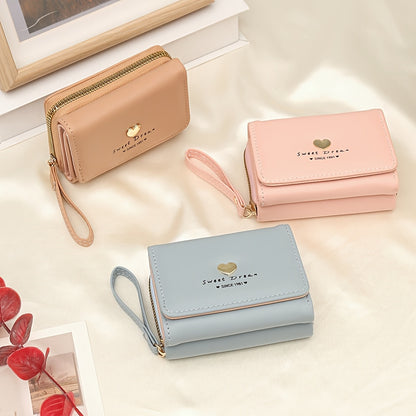 New Women'S Short Wallet, Cute Korean-Style Heart-Shaped, Large Capacity with Multiple Card Slots, Trendy Tri-Fold Design.