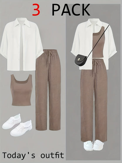 Women's 3-Piece Casual Button-Up Top, Vest & Wide-Leg Pants Set