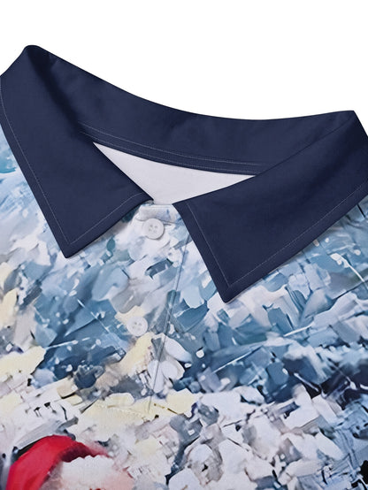 Men'S Long Sleeve Polo Shirt with 3D Santa Claus & Snowman Print - Festive Christmas Design, Button-Up Collar, Regular Fit, Perfect for All Adults & Teens, Casual Holiday Wear, Christmas Shirts, Z