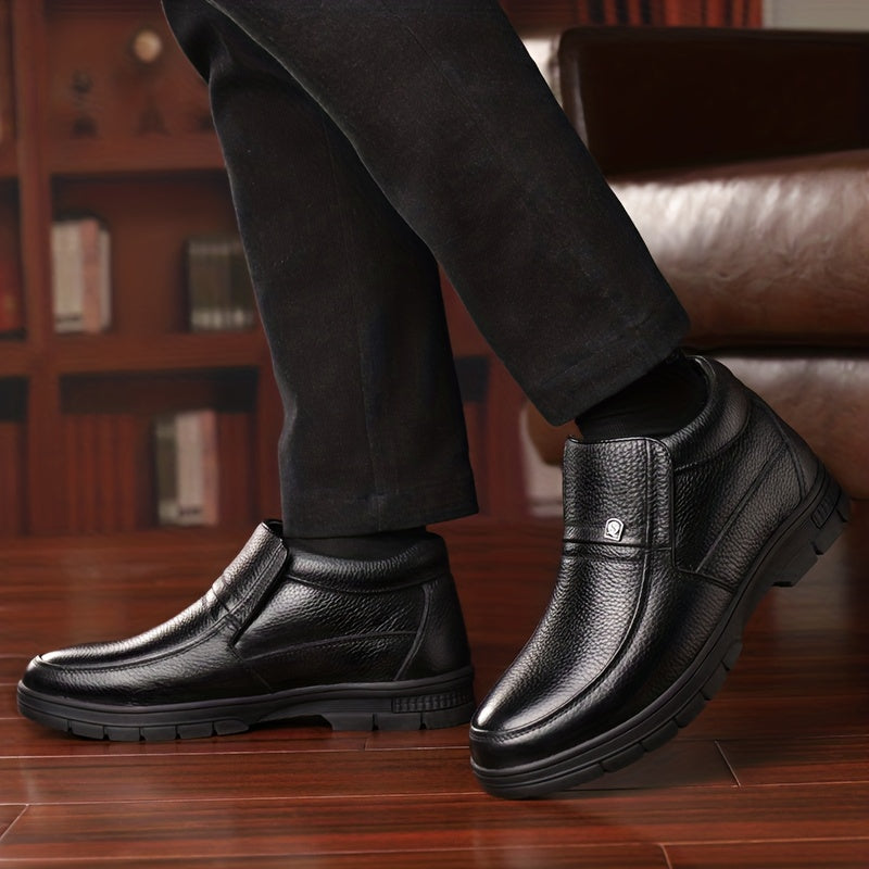 Genuine Leather 2025 Snow Boots Shoes Top Layer Cowhide Men's Boots Winter New Fashion Versatile Litchi Pattern Soft Leather Thick Sole Warm Shoes -Lined Work Boots Inner Filling with Cold Resistant Warmth, Warmth Locking Pow