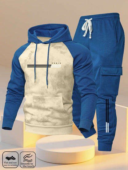 A New Trendy Color-Blocked Hoodie with Raglan Sleeves And Loose-Fitting Cargo Pants Featuring Multiple Pockets, Perfect for Casual Everyday Wear. This Breathable Hoodie And Loose Long Pants Set Comes in a Two-Piece Print Desi