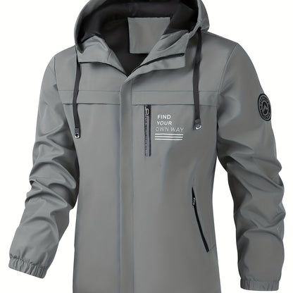 Men'S Stylish Black Hooded Windbreaker Jacket with Zipper Pockets - Casual, Loose Fit, Long Sleeve, Polyester Lining, Perfect for Spring and Fall, Casual Wear Jacket|Hooded Jacket|Zippered Jacke