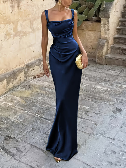 Women's Elegant Satin Bodycon Dress with Ruched Waist and Asymmetrical