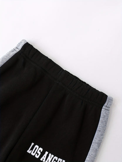 2pcs Boys' Autumn/Winter Fleece-Lined Hooded Sweatshirt and Pants Set, Simple Letter Print Fashion Classic Outfit for Outdoor Sports and Casual Wear, 100% Polyester Knit Stretch Fabric, Ideal Gift Choice for Kids, Perfect for