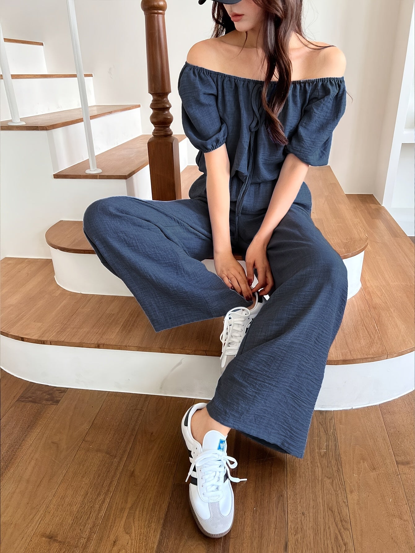 Women's Summer Solid Color Off-Shoulder Puff Sleeve Crop Top and Loose Wide-Leg Pants Two-Piece Set - ayq