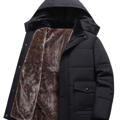 Men's Heavy-Duty Winter Hooded Jacket with Fur-Like Collar & Pockets - Navy Blue/Brown Coat, Golden-Tone Zipper Closure, -Filled Casual Outerwear for Cold Weather (Hand Wash/Dry Clean)