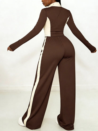 Women's Fashion Two-Piece Set, Stylish and Versatile Brown and White Contrast Color Slim-Fit Zip-Up Top + Side Stripe Pants Set - ayq