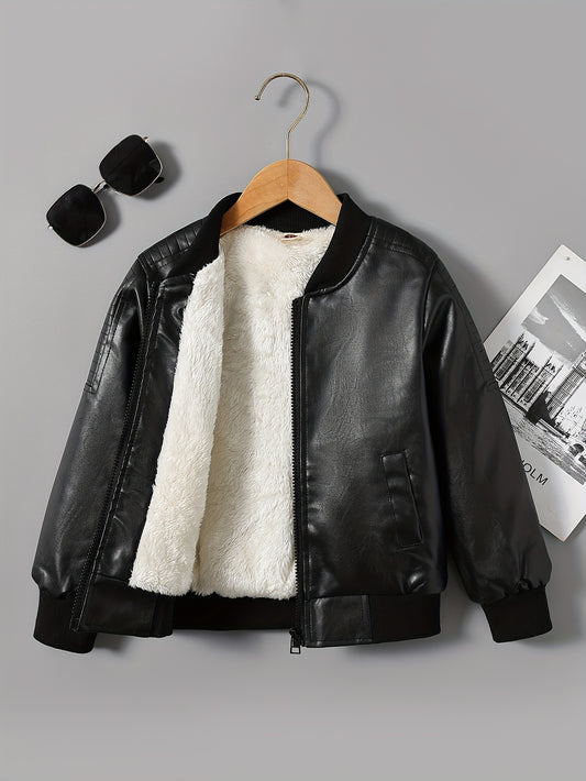 Youngsters' Winter Biker Jacket - Cozy & Stylish Casual Outerwear with White Fur Trim, Waterproof, Zip-Up, Round Neck, Long Sleeve - Perfect for Skiing & Streetwear, Size H