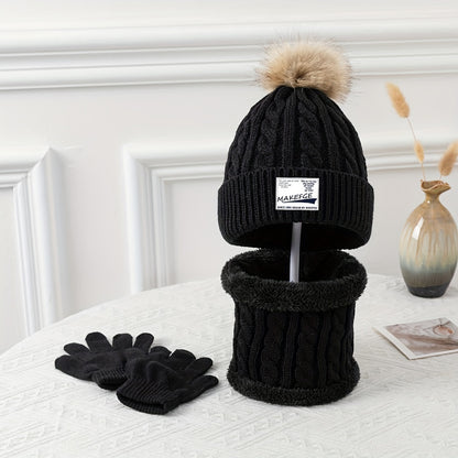Youngsters's Autumn and Winter Warm Knitted Hat, Scarf, and Gloves Three-Piece Set for Boys and Girls - Cold Protection Outfit