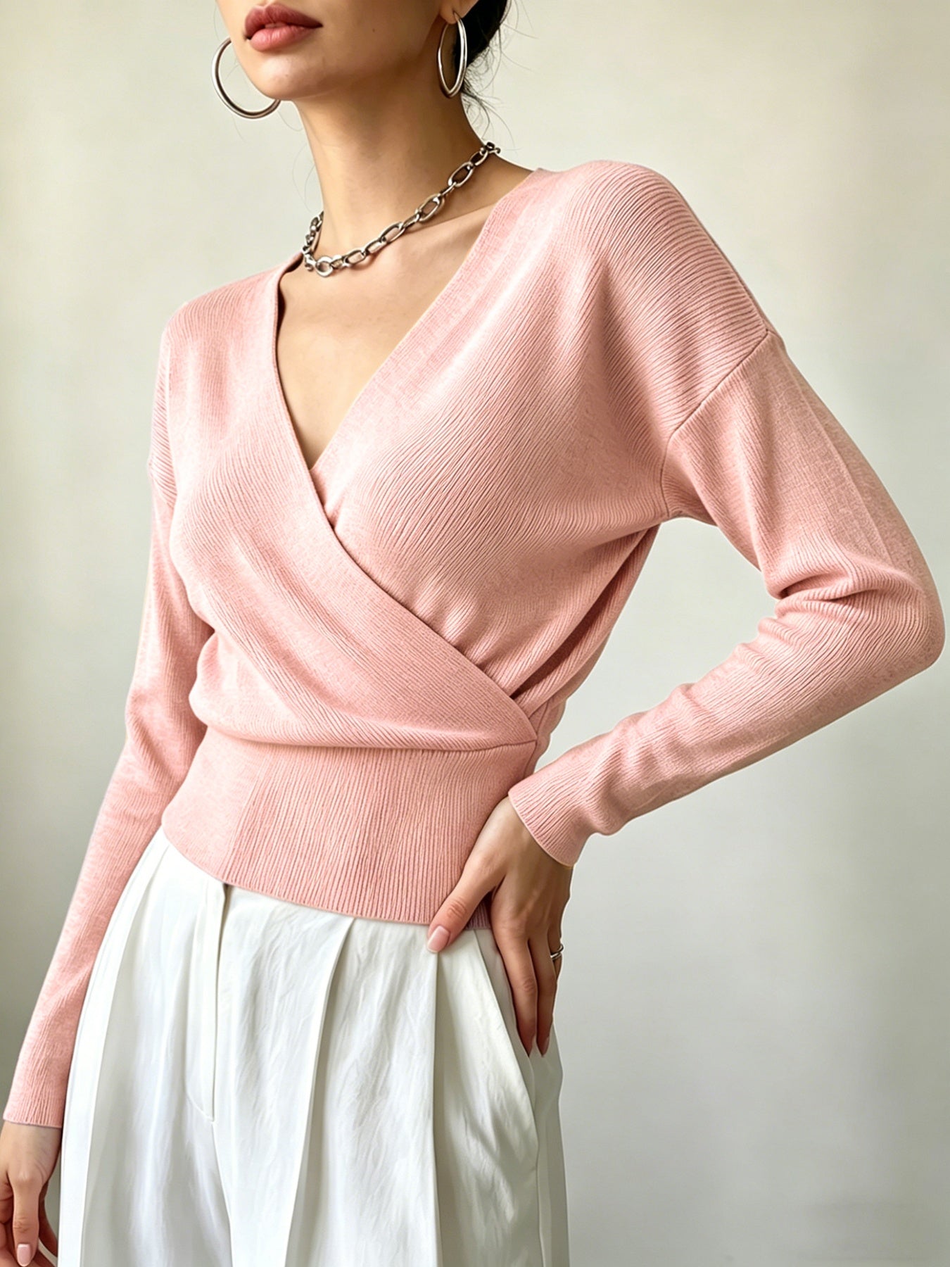 Women's Elegant Cross-Collar V-Neck Pullover Knitwear for Fall/Winter