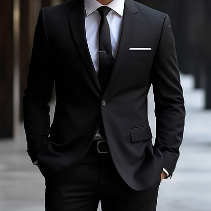 Men's Two-Piece Suit in Solid Color with Sealed Pockets, Regular Fit Suit Trousers, Elegant and Classic, Suitable for Business and Wedding Parties