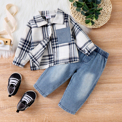 PatPat 2pcs Baby Boy Casual Patch Pocket Plaid Long-sleeve Lapel Collar Shirt and Jeans/Denim Pants Set For Spring & Autumn/Fall