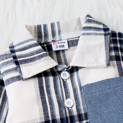 PatPat 2pcs Baby Boy Casual Patch Pocket Plaid Long-sleeve Lapel Collar Shirt and Jeans/Denim Pants Set For Spring & Autumn/Fall