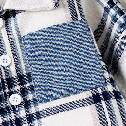 PatPat 2pcs Baby Boy Casual Patch Pocket Plaid Long-sleeve Lapel Collar Shirt and Jeans/Denim Pants Set For Spring & Autumn/Fall