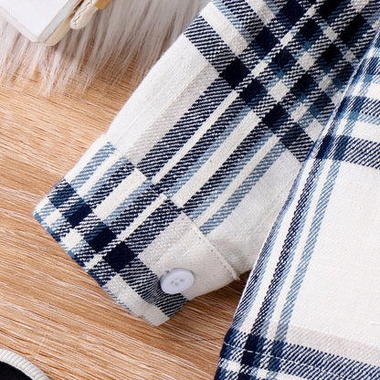 PatPat 2pcs Baby Boy Casual Patch Pocket Plaid Long-sleeve Lapel Collar Shirt and Jeans/Denim Pants Set For Spring & Autumn/Fall