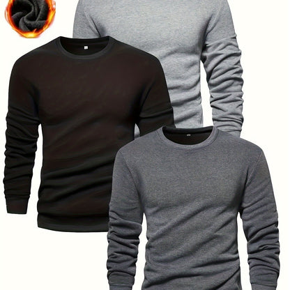 3pcs Men's Solid Color Knit Pullover For Autumn And Winter - Versatile Warm Crew Neck Long Sleeve, As Gift