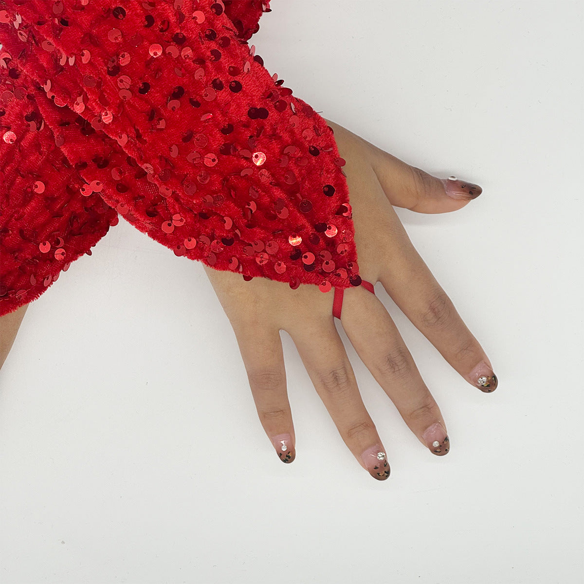 's Sparkling Red Sequin Long Gloves with White Cuff & Elastic Wrist - Glittering Fingerless Gloves for Christmas, New Year's Eve, Prom, Costume Parties - Elegant Performance Accessory (No Feathers/-Free)