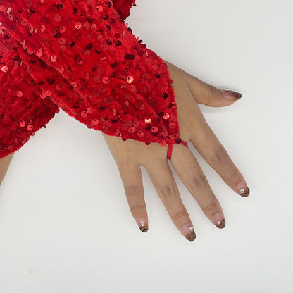 's Sparkling Red Sequin Long Gloves with White Cuff & Elastic Wrist - Glittering Fingerless Gloves for Christmas, New Year's Eve, Prom, Costume Parties - Elegant Performance Accessory (No Feathers/-Free)
