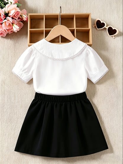 Girls' Summer Preppy 2-Piece Skirt Set with Polo Shirt