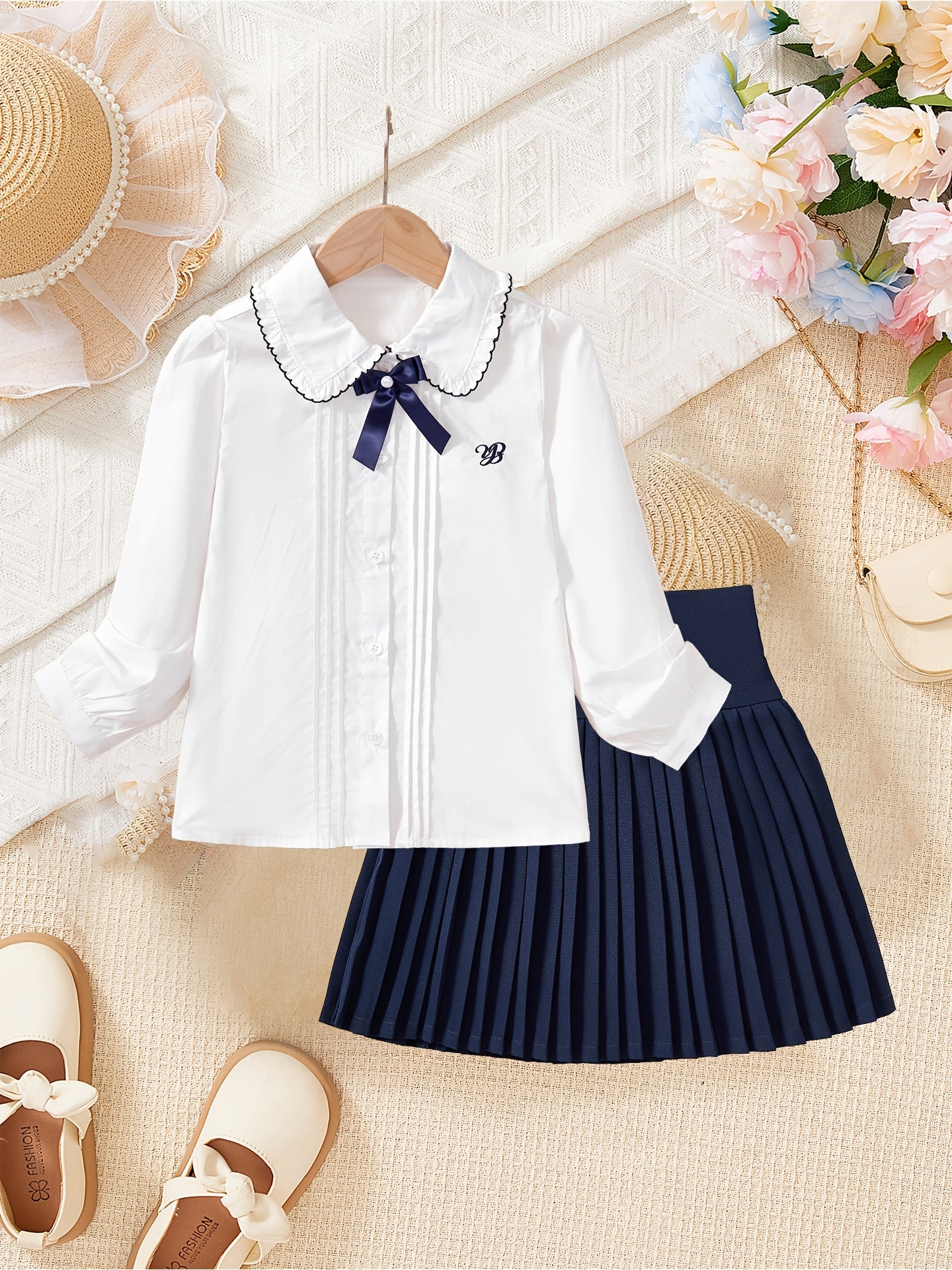 Girls' Preppy JK Set Cotton Shirt & Pleated Skirt for Spring