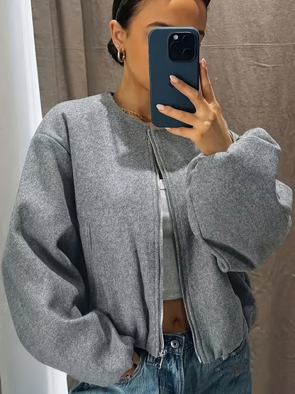 Women'S Elegant Pilot Jacket - Beige Bomber Style Short Coat with Pockets, Zip-Up, Long Sleeves, Loose Fit for Casual & Weekend Wear, Casual Wear Jacket | Bomber Jacket | Polyester Fabric