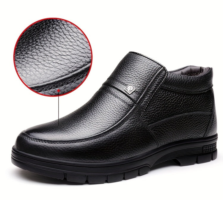 Genuine Leather 2025 Snow Boots Shoes Top Layer Cowhide Men's Boots Winter New Fashion Versatile Litchi Pattern Soft Leather Thick Sole Warm Shoes -Lined Work Boots Inner Filling with Cold Resistant Warmth, Warmth Locking Pow