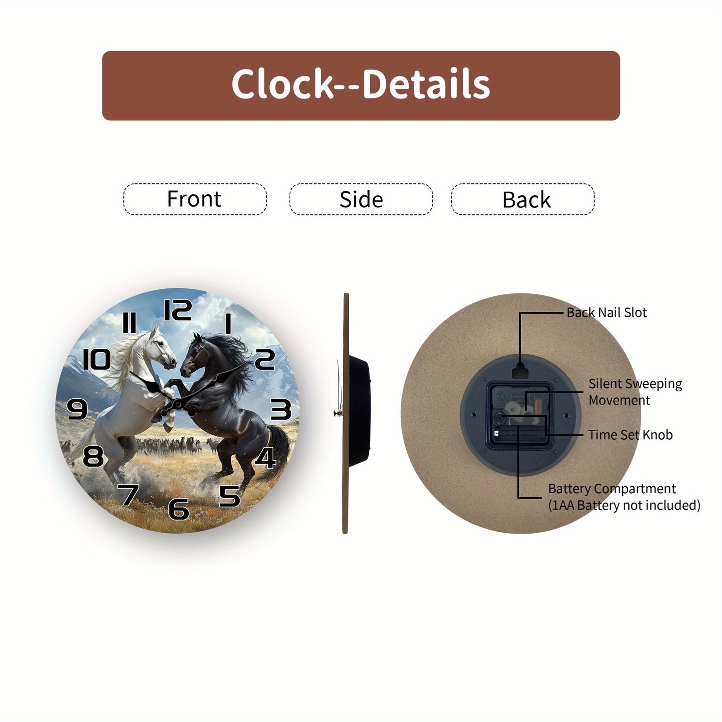 A Wooden Wall Clock with a Fantasy Theme Featuring a Design of Two Horses Facing Each Other, a Silent Clock Suitable for Decorating Living Rooms, Bedrooms, Kitchens, And Offices, Making It an Exciting Gift for Birthdays And H