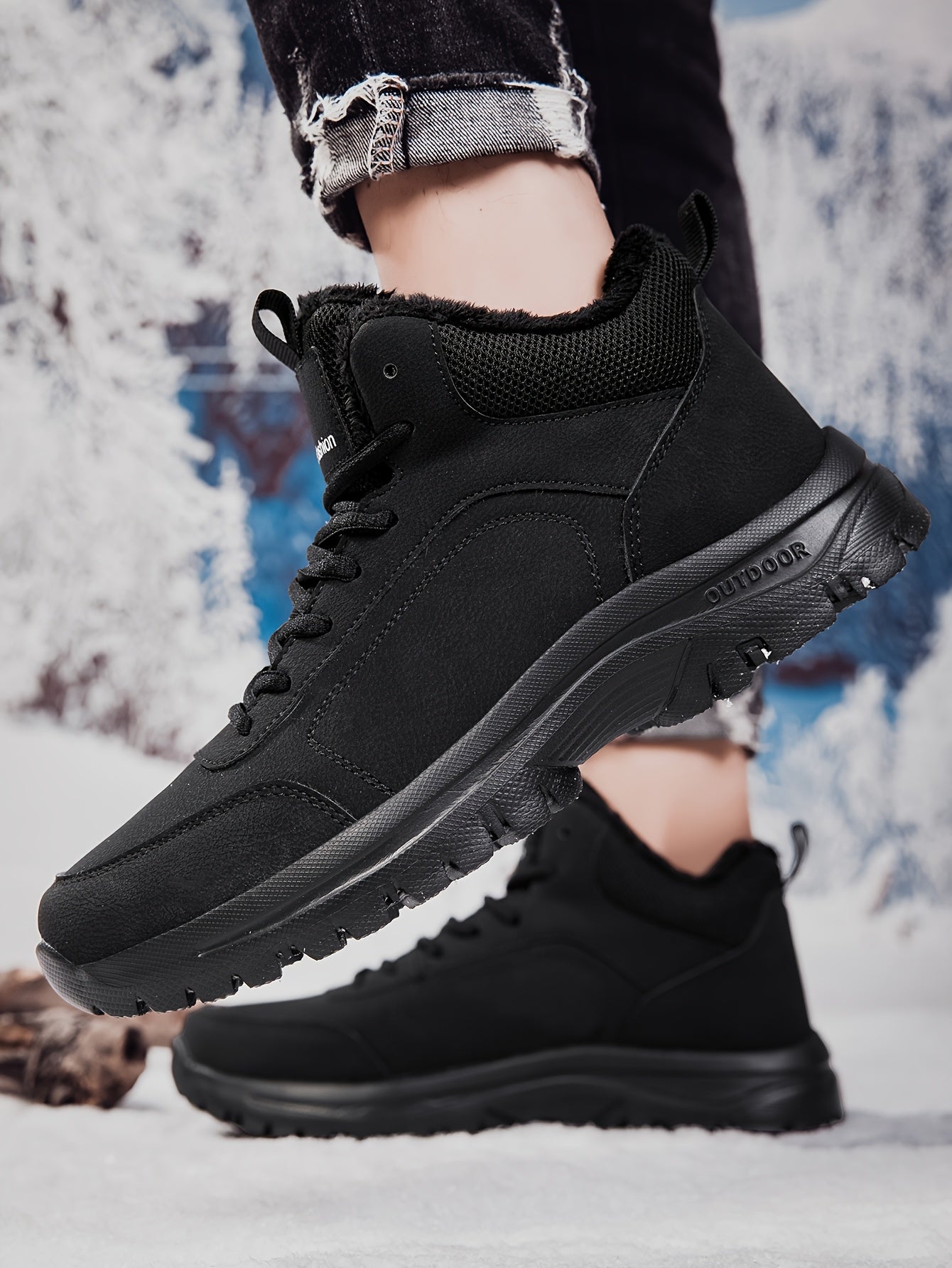 Տղամարդկանց միջին բարձրության ձմեռային ձնագնացքներ - Թեթև, չսահող, տաք փափուկ երեսպատում, դիմացկուն MD ներբան, սև աշխատանքային և փողոցային ոճ արտաքին սպորտի, արշավների և ամենօրյա հանգստի համար, ձմեռային կոշիկներ, արշավային կոշիկներ, նրբագեղ դիզայն, ճկուն