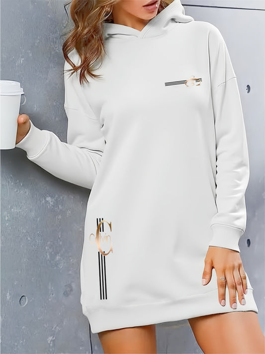 Կանացի էլեգանտ տառերով տպագիր գլխարկով սվիտեր - հաստ բրդյա աստառով երկար զգեստ՝ ոսկեգույն գրվածքով և ոսկեգույն գրվածքով, առջևի կայծակաճարմանդով փակվող, բոլոր եղանակների համար նախատեսված առօրյա էլեգանտ սվիտեր, գեղեցիկ վերնաշապիկ