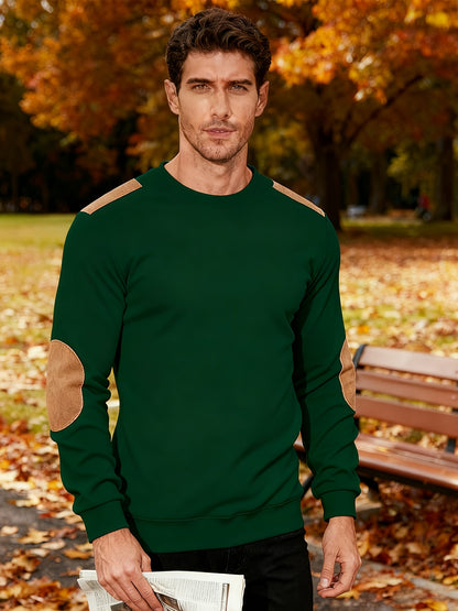 Men'S Classic Fashion Crew Neck Long-Sleeved Top | Light and Comfortable Fabric with Contrast Beige Patches for Enhanced Durability, Regular Fit, Ideal for Daily Leisure, Street Fashion, Outdoor Activities, and Light Fitness