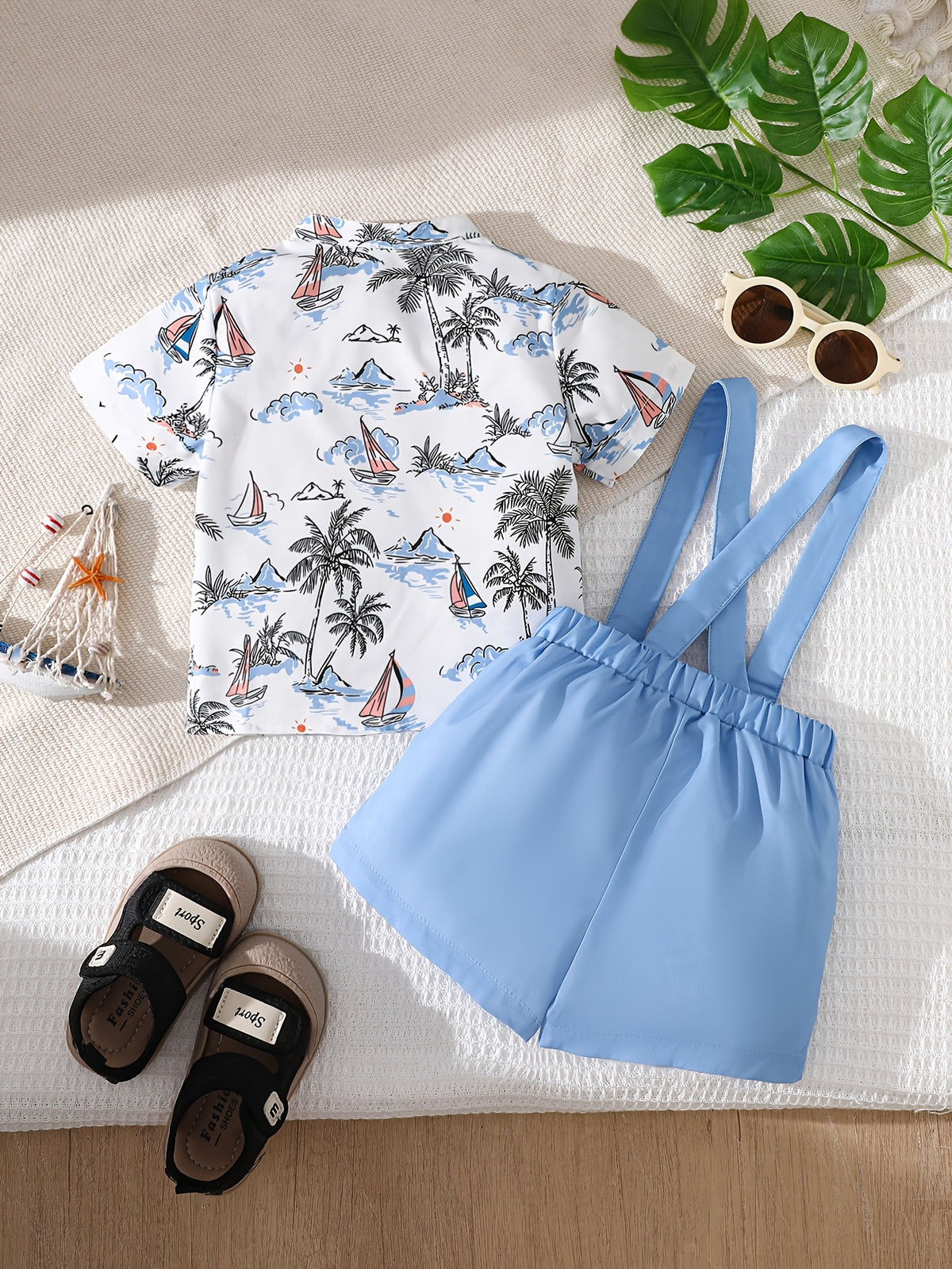 Baby Boy Summer Outfit Set Blue Overalls & Palm Print Shirt - ayq