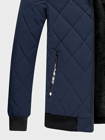 Men's Casual Fleece-Lined Hoodie Jacket - Warm, Windproof Zip-Up Coat with Quilted Design for Fall/Winter, Winter Coat