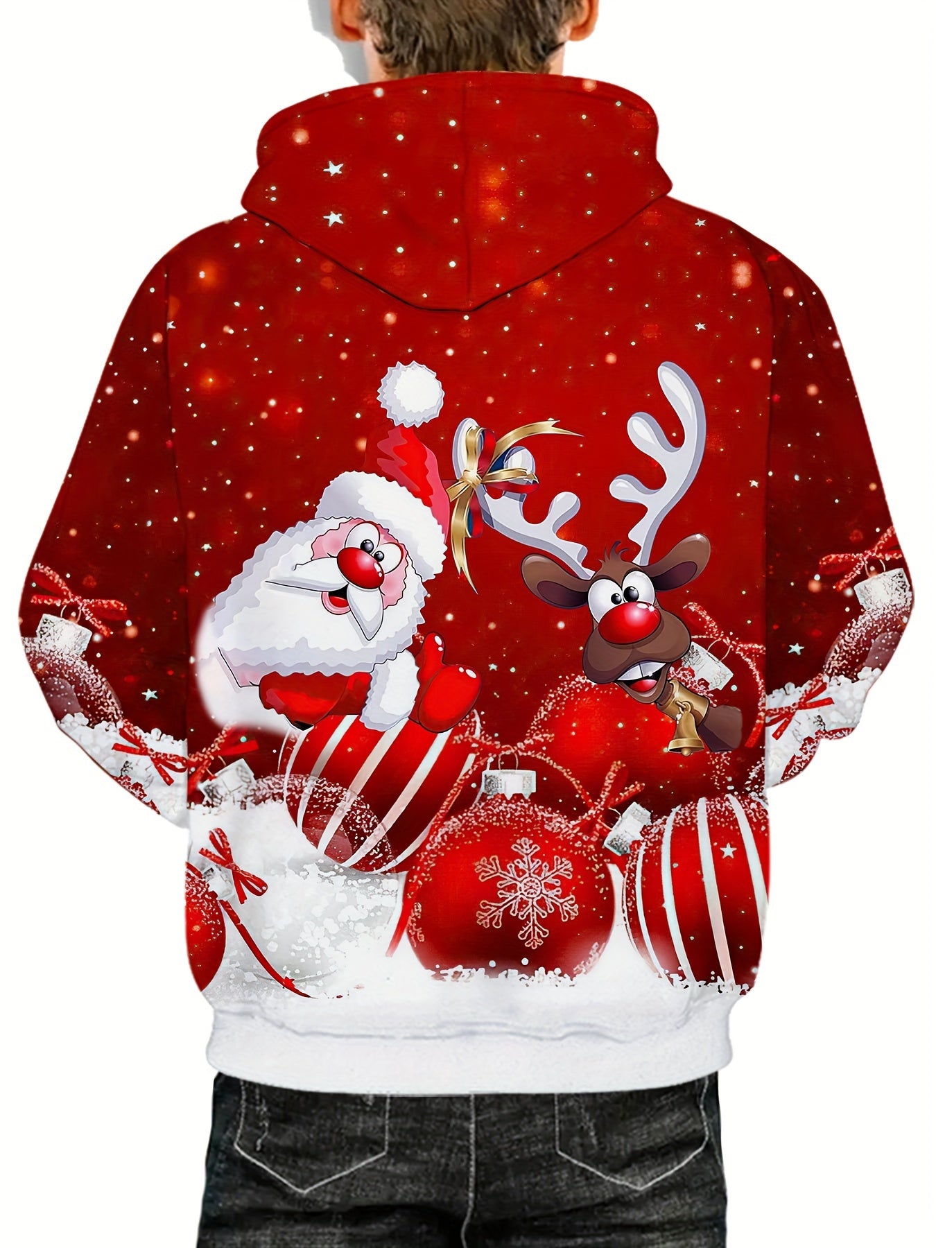 Men's 3D Santa & Rudolph Christmas Hooded Sweatshirt - Red/Green Festive Pullover Hoodie with Reindeer Antlers, Soft Polyester Knit Sweater for Holiday Parties, Winter Outfits & Casual Wear (Machine Washable), PLUS SIZE