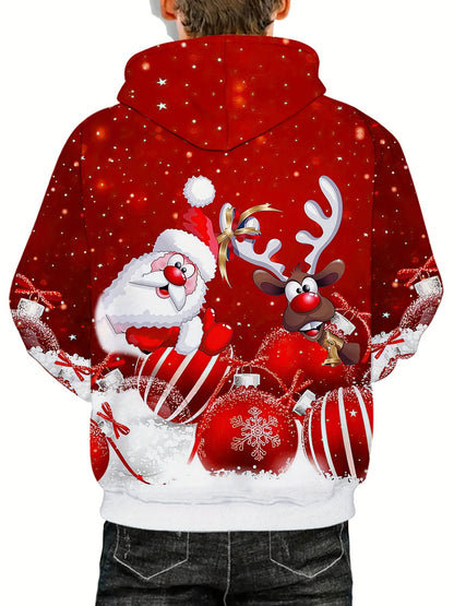 Men's 3D Santa & Rudolph Christmas Hooded Sweatshirt - Red/Green Festive Pullover Hoodie with Reindeer Antlers, Soft Polyester Knit Sweater for Holiday Parties, Winter Outfits & Casual Wear (Machine Washable), PLUS SIZE