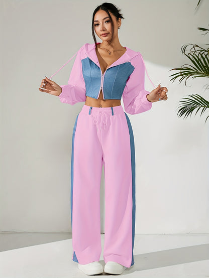 Women's Elegant Hooded Two-Piece Suit with Color Block Pants