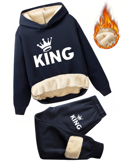 2pcs Boys' Fleece-Lined Thickened Warm Hoodie + Pants Set, Stylish Letter Print Winter Comfortable Sportswear Outfit for Kids Casual Leisurewear, Perfect for, Blanket Hoodie Kids