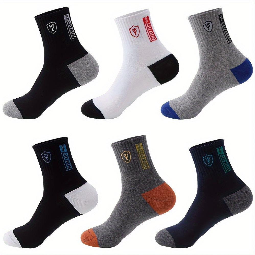 6 Pairs Men'S Cotton Sports Socks, Embroidered Sweat-Wicking Knit Fabric, Machine Washable, Mixed Color, Uncharged - No Box Included