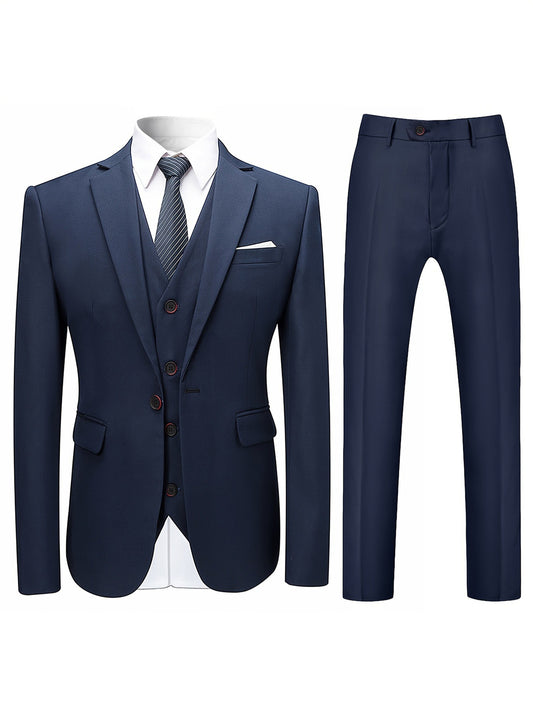 3pcs Men's Formal Suit Set, Men's Formal One Button Lapel Suit Jacket + Classic Matching Vest + Pants, Wedding Banquet & Business Occasion