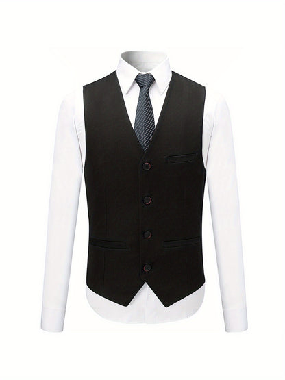 3pcs Men's Formal Suit Set, Men's Formal One Button Lapel Suit Jacket + Classic Matching Vest + Pants, Wedding Banquet & Business Occasion