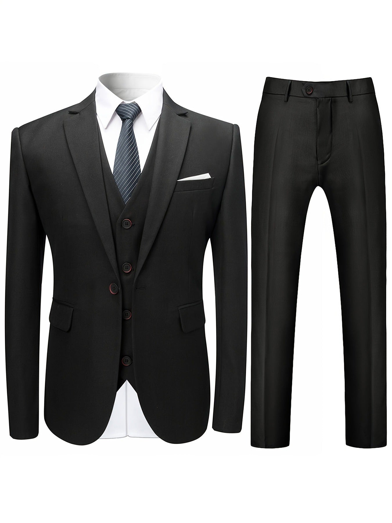 3pcs Men's Formal Suit Set, Men's Formal One Button Lapel Suit Jacket + Classic Matching Vest + Pants, Wedding Banquet & Business Occasion