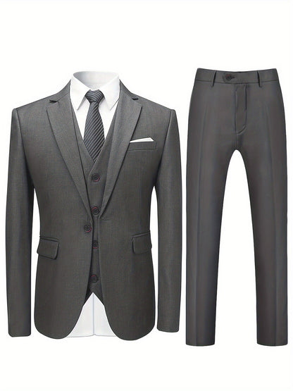 3pcs Men's Formal Suit Set, Men's Formal One Button Lapel Suit Jacket + Classic Matching Vest + Pants, Wedding Banquet & Business Occasion